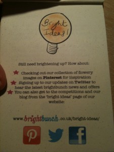 BrightBunch shares flower inspiration with customers via Pinterest, twitter and Facebook. 